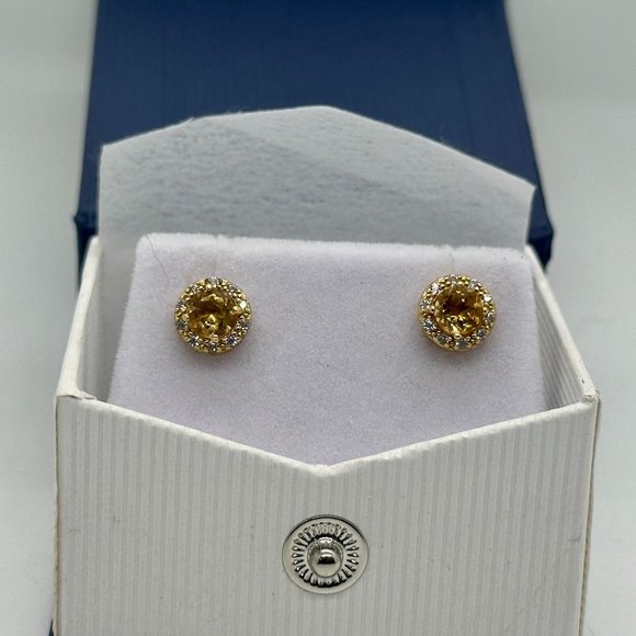 Bright Round 2.00 Carat Golden Citrine Halo Earrings - 14kt Gold Overlay Sterlin - Picture 5 of 6